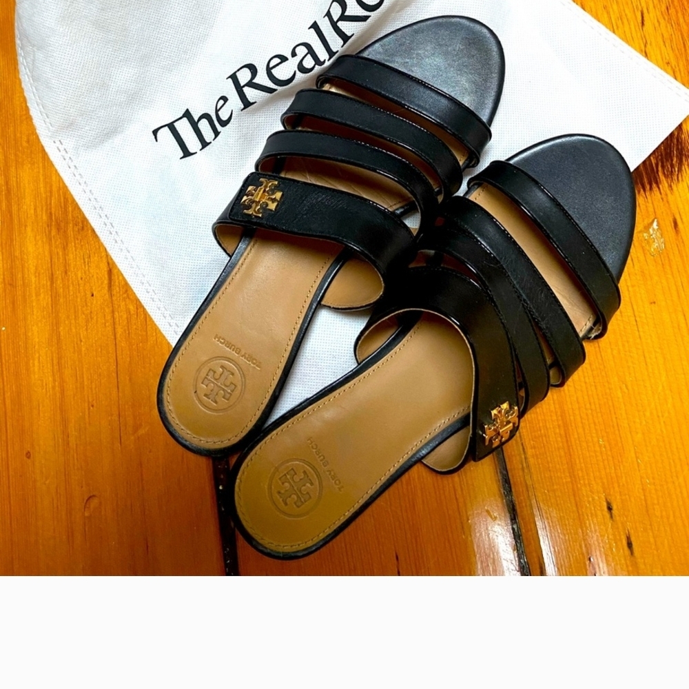 Tory Burch Black and Gold Strappy Sandals